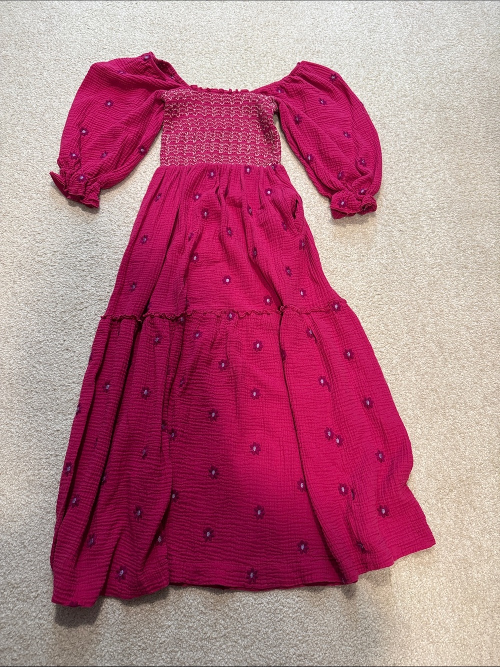 Amazon Fuchsia Smocked Maxi Dress with Puff Sleeves
